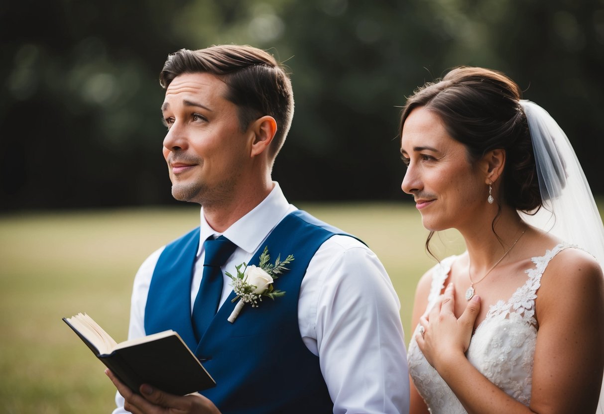A groom holding a small book, looking into the distance with a tear in his eye, while a bride listens with a hand over her heart
