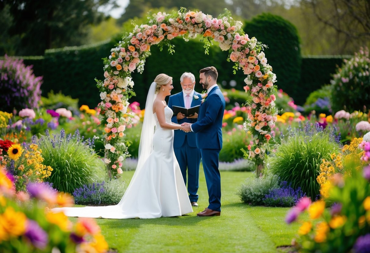 A bride and groom standing beneath a blooming archway, exchanging vows in a garden filled with vibrant, colorful flowers