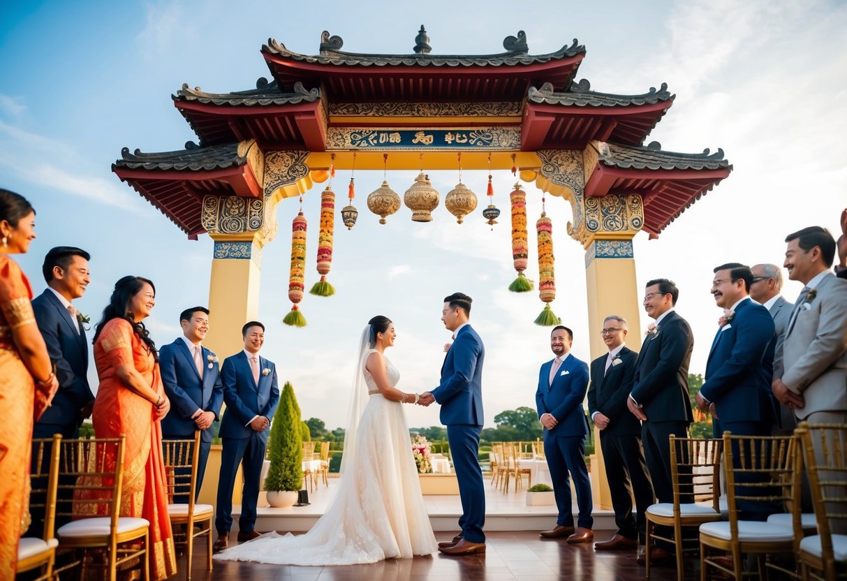 A couple standing in a circle of family and friends, exchanging vows under a beautiful archway adorned with traditional symbols and cultural artifacts