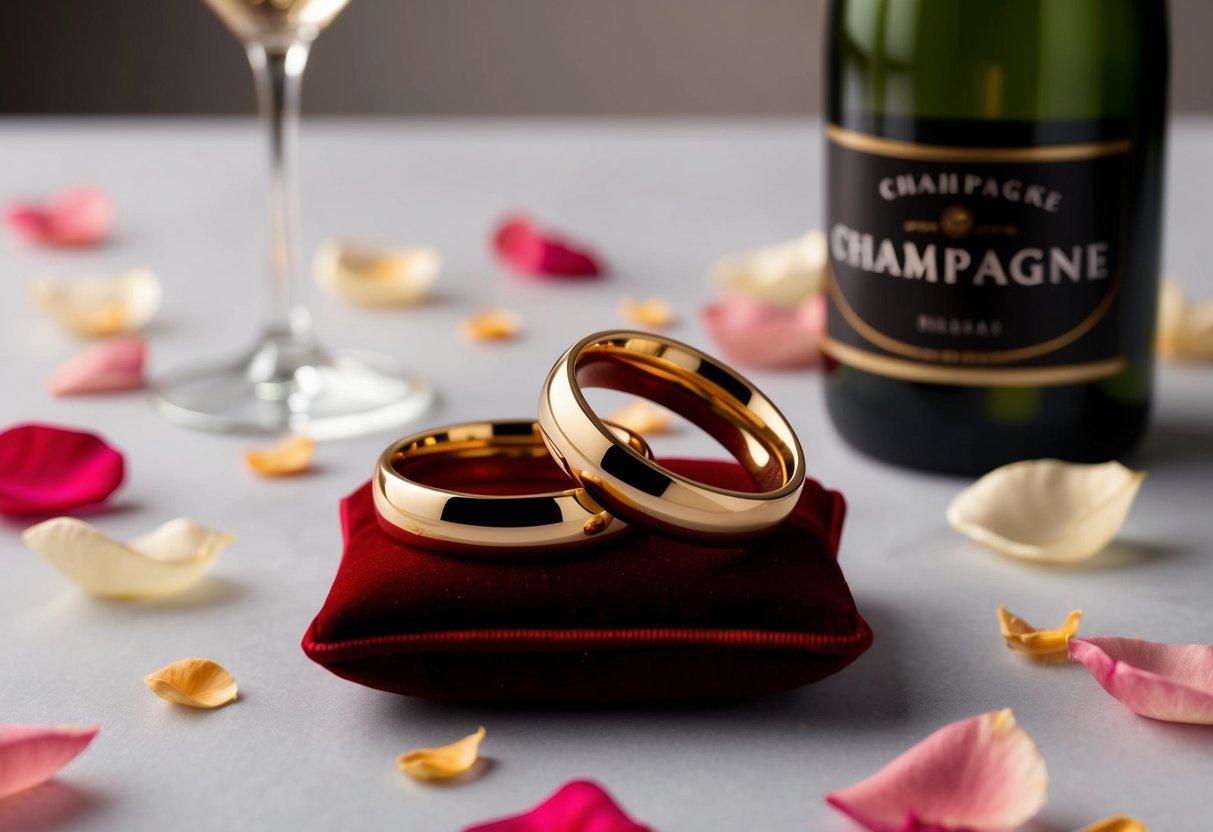 A pair of interlocked gold rings on a velvet cushion, surrounded by scattered rose petals and a bottle of champagne
