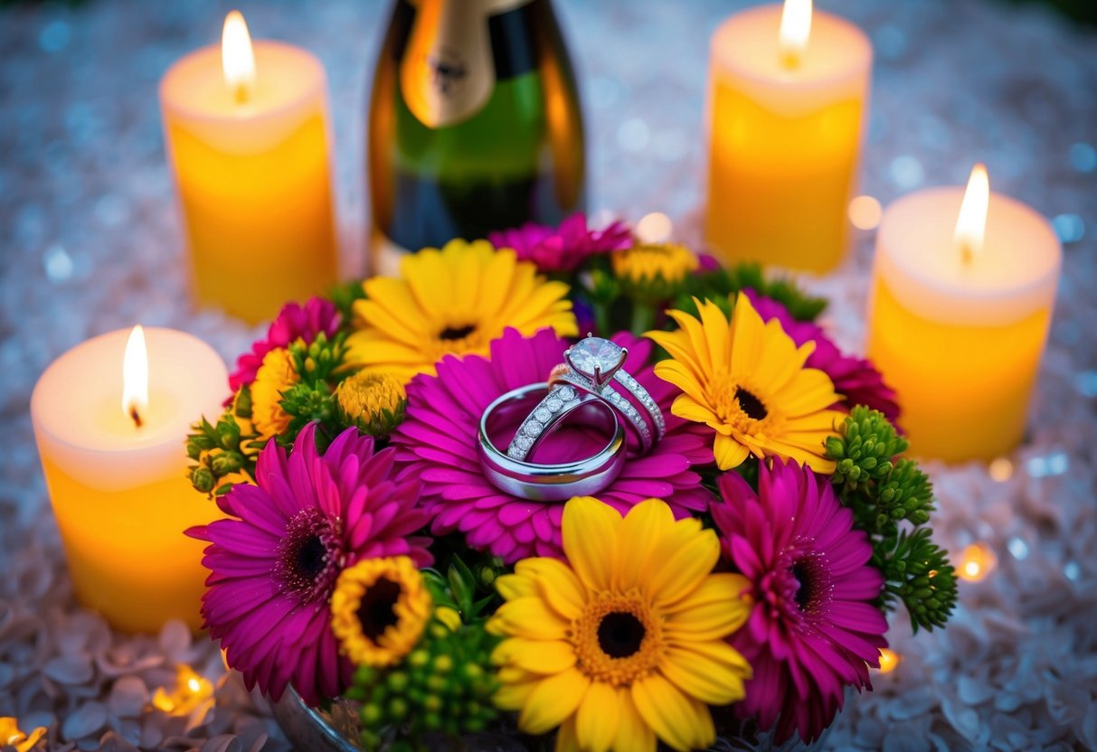 A pair of wedding rings nestled in a bed of vibrant, fragrant flowers, surrounded by flickering candles and a bottle of champagne