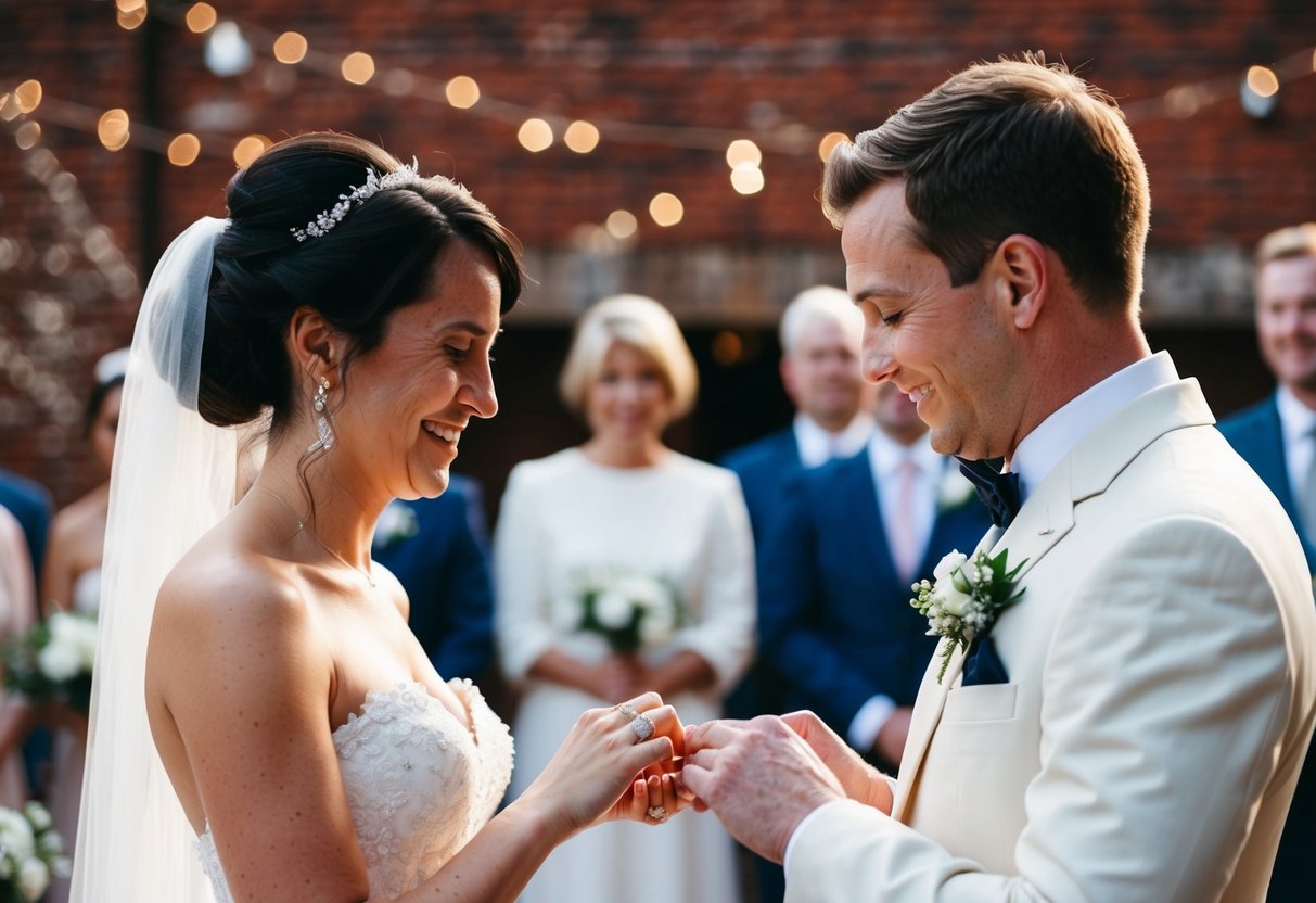 A bride and groom exchanging rings during a ceremony