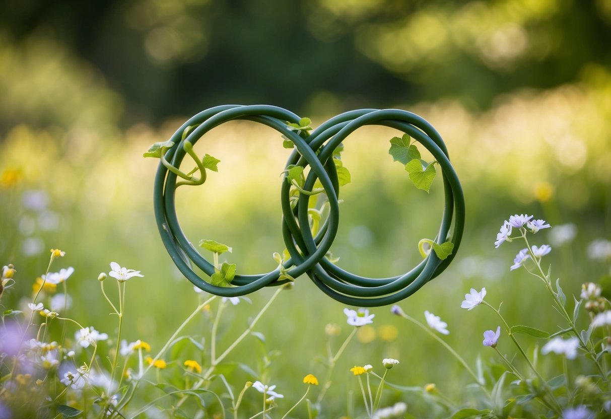 A serene outdoor setting with two intertwined vines representing unity, surrounded by delicate wildflowers and a gentle breeze