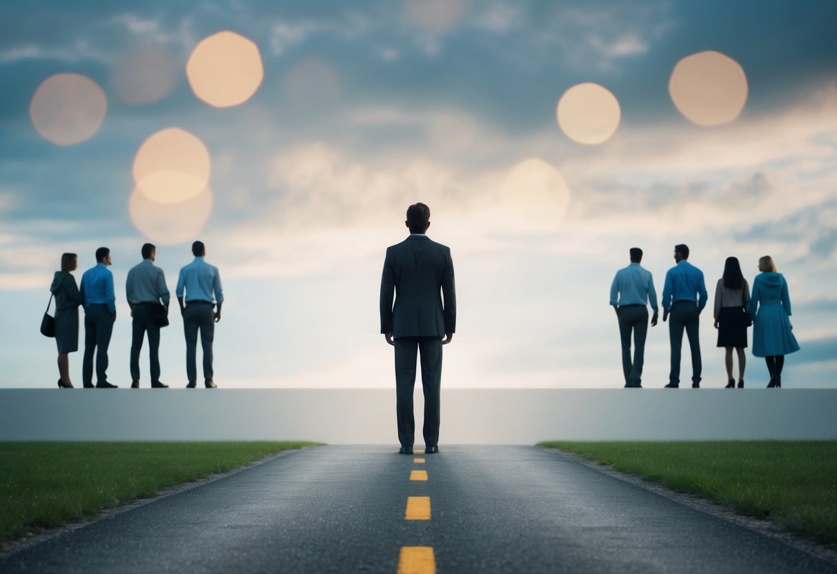 A figure standing alone, facing a path diverging into two, with one path leading towards a group of people and the other leading towards solitude