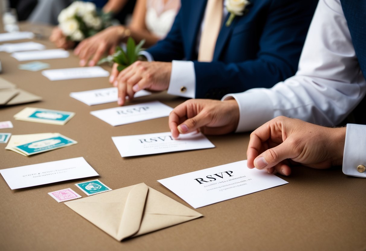 Guests filling out RSVP cards for a wedding, with envelopes and stamps nearby