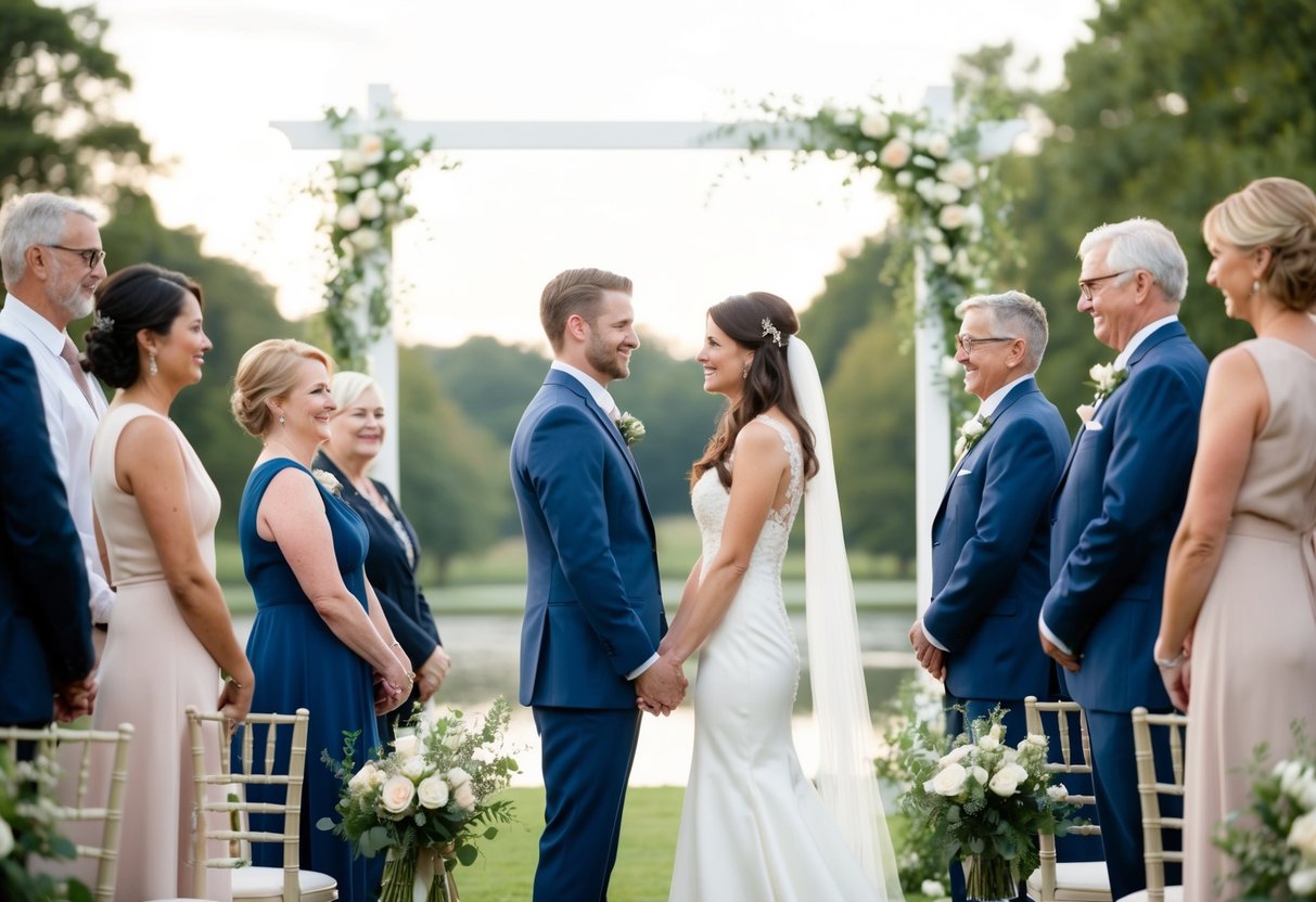 A couple stands facing each other, surrounded by loved ones, as they exchange vows in a serene and elegant setting