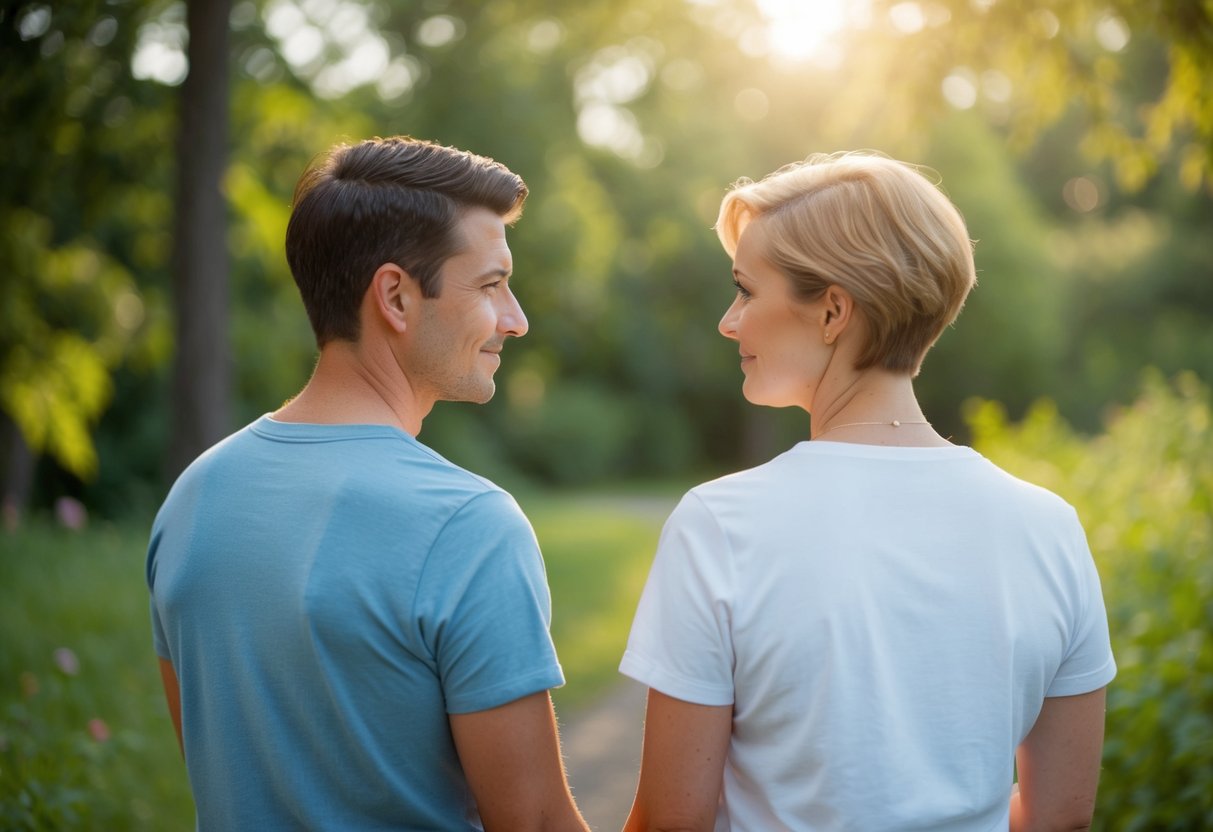 A serene outdoor setting with two individuals facing each other, surrounded by nature and a sense of calm