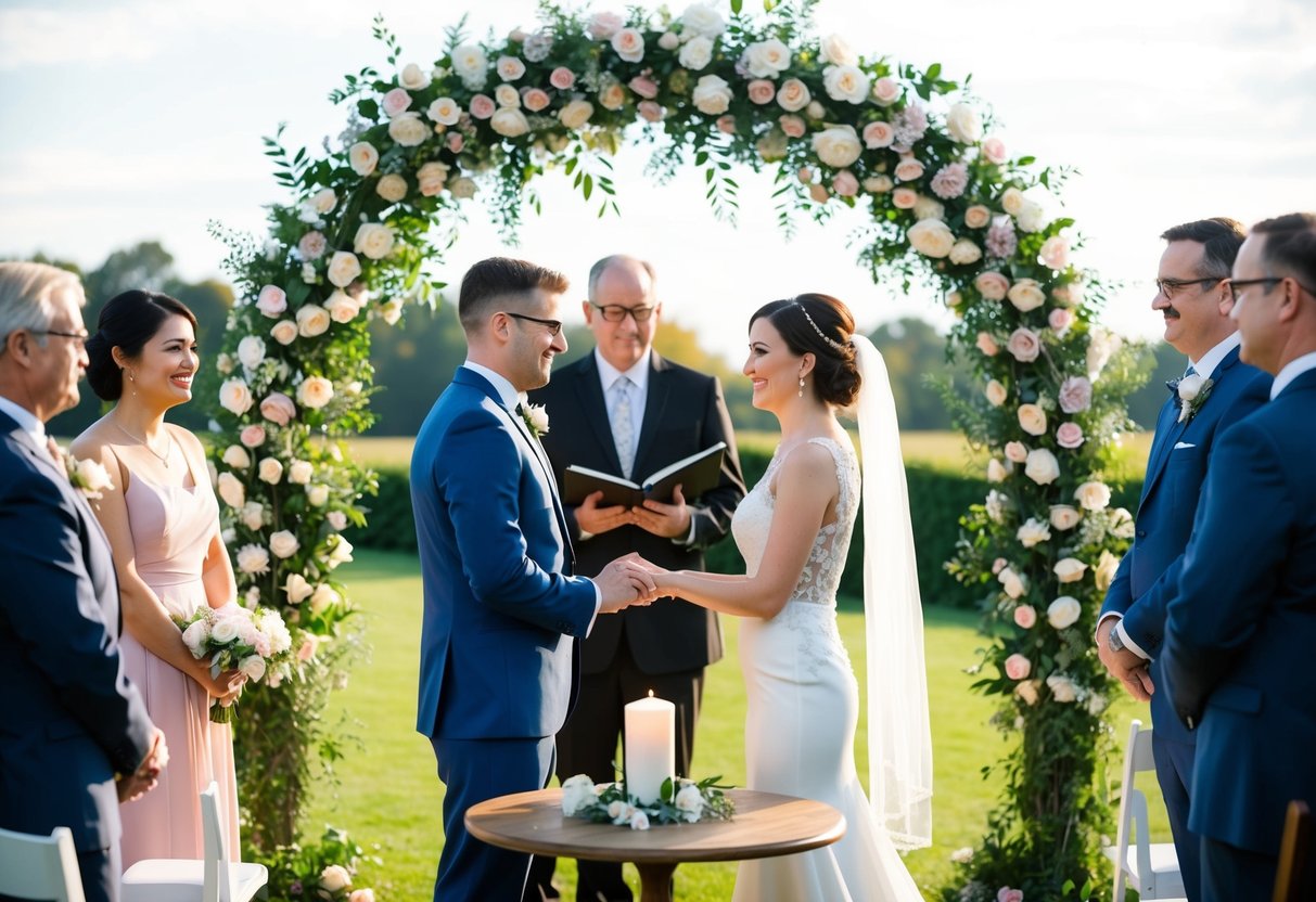 A couple stands beneath a floral arch, exchanging vows as guests look on. A table nearby holds symbolic elements like a unity candle and a personalized vow book