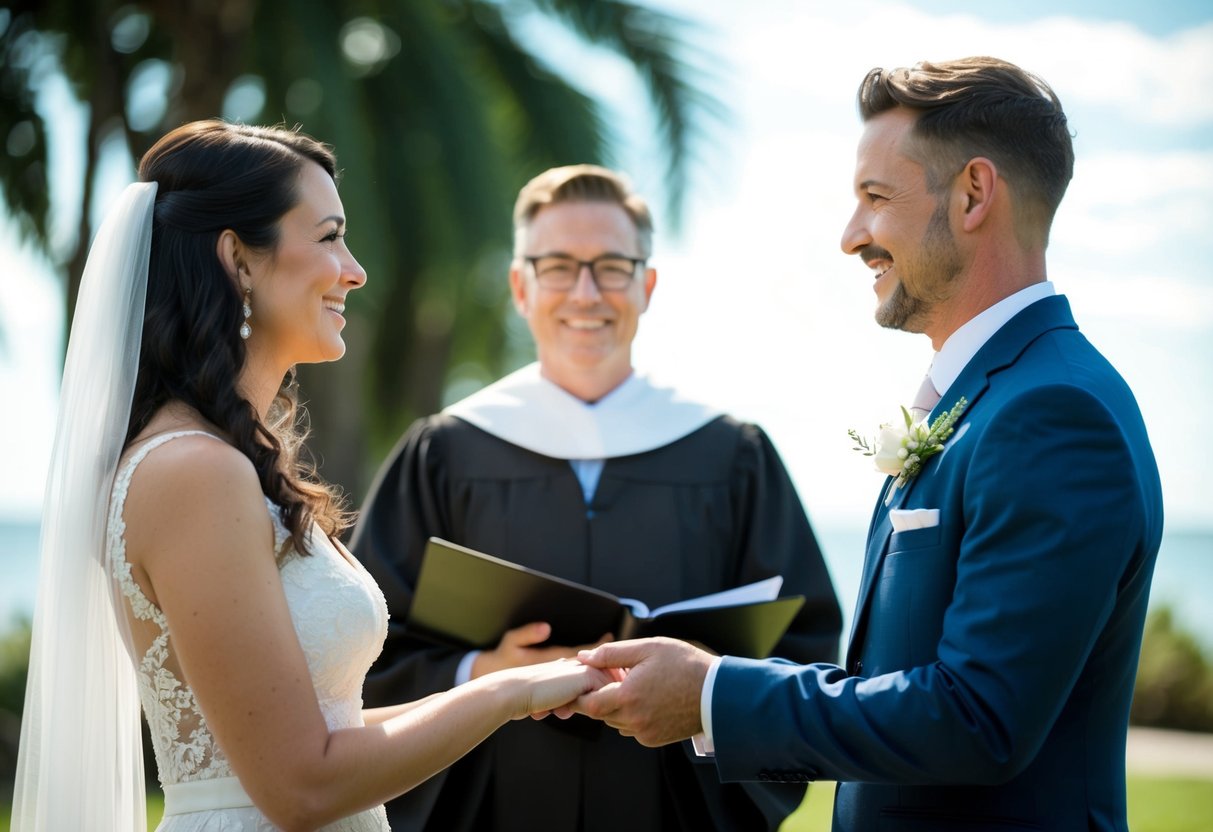 A couple standing face to face, holding hands, with a celebrant or officiant standing in front of them, leading them through their non-religious wedding vows