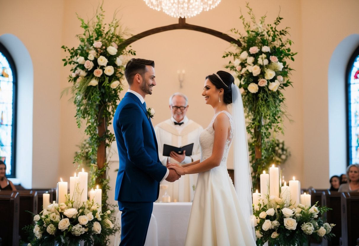 A bride and groom stand facing each other, surrounded by flowers and candles, exchanging vows at the altar