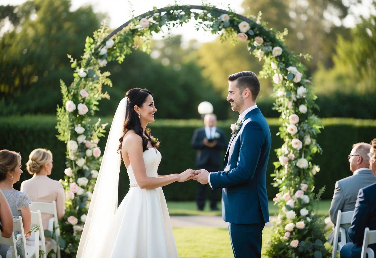 A bride and groom stand facing each other, exchanging vows under a beautiful archway adorned with flowers and greenery