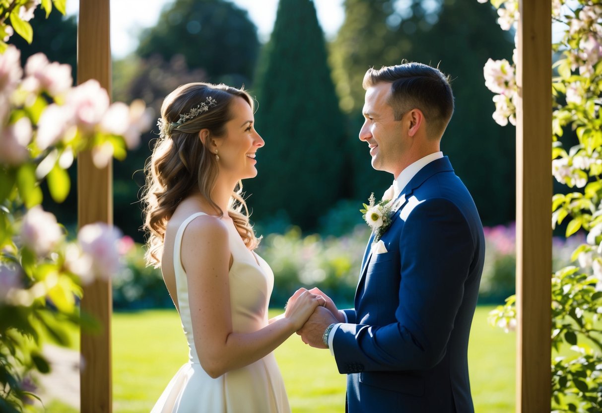 A couple stands facing each other, framed by a blooming garden. The sunlight casts a warm glow on their faces as they exchange heartfelt vows