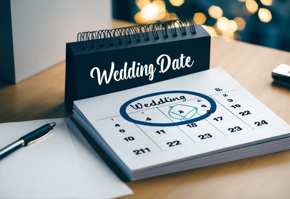 A calendar with the wedding date circled, surrounded by a stack of blank paper and a pen