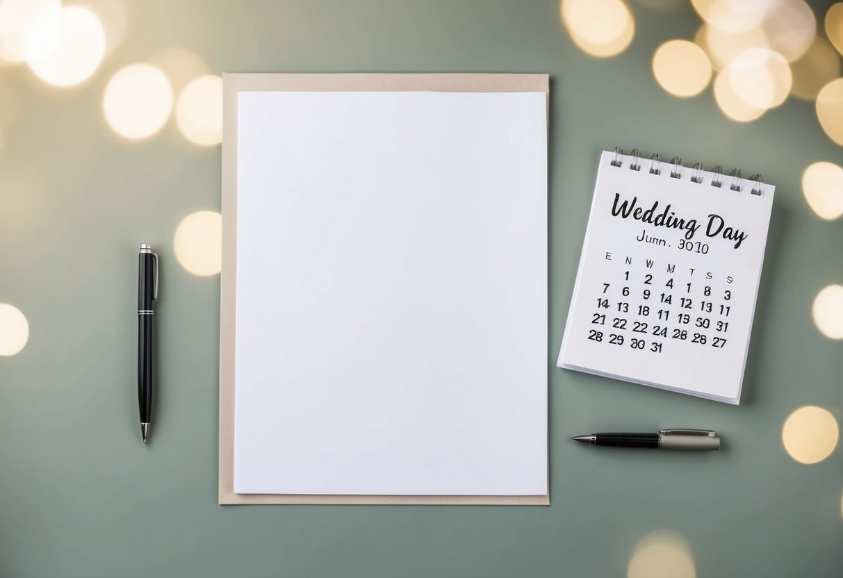 A serene setting with a blank sheet of paper, a pen, and a calendar marking the wedding day