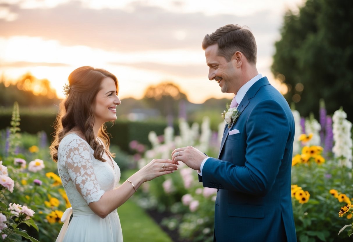 A couple stands in a garden, surrounded by blooming flowers and a gentle breeze. They exchange rings, smiling as they renew their vows under a beautiful sunset