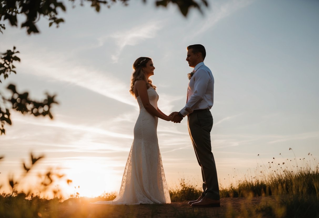 A couple stands facing each other, surrounded by nature, practicing their vows. The sun sets in the distance, casting a warm glow over the scene