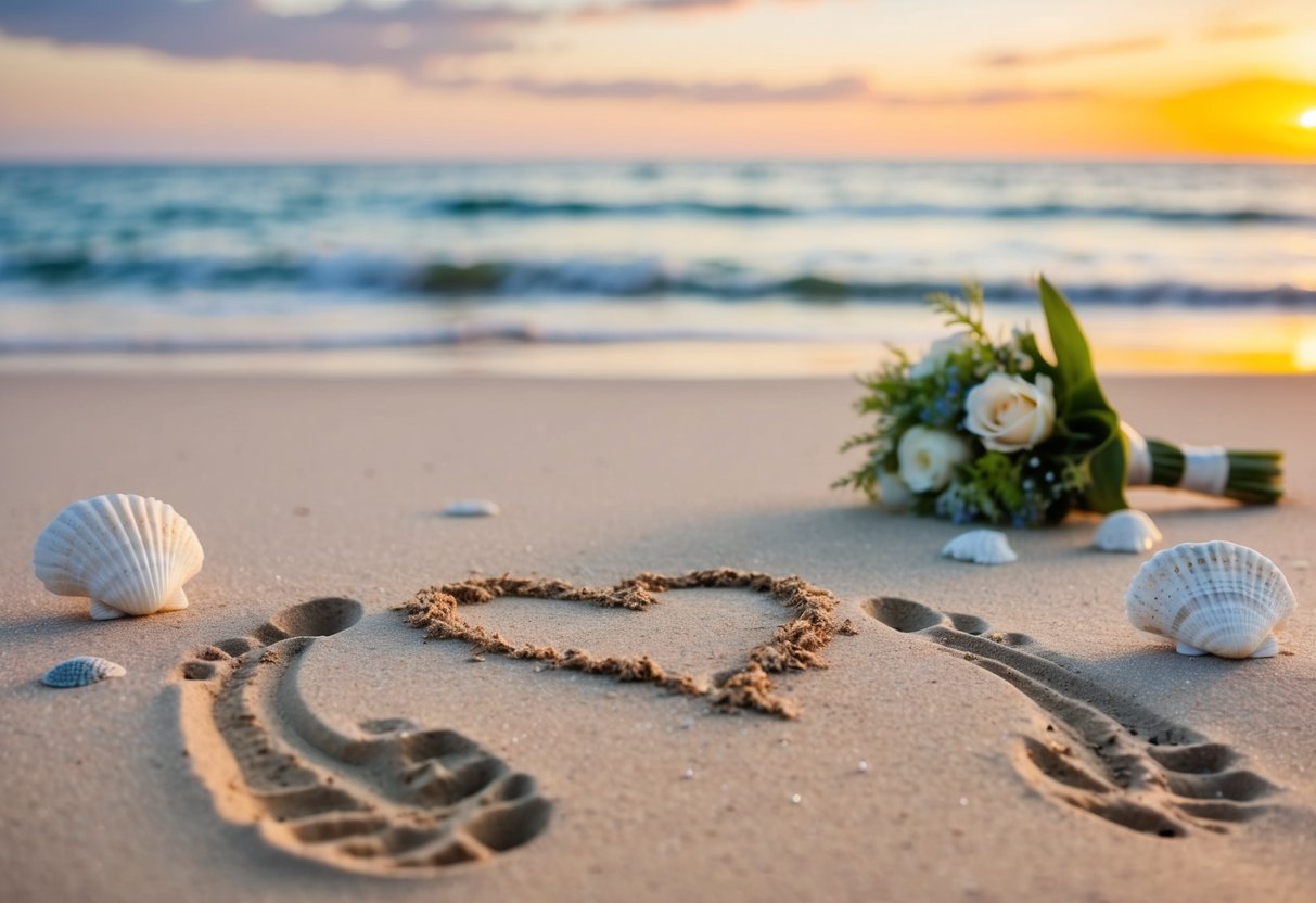 A serene beach at sunset, with two sets of footprints leading towards a heart drawn in the sand, surrounded by delicate seashells and a bouquet of flowers