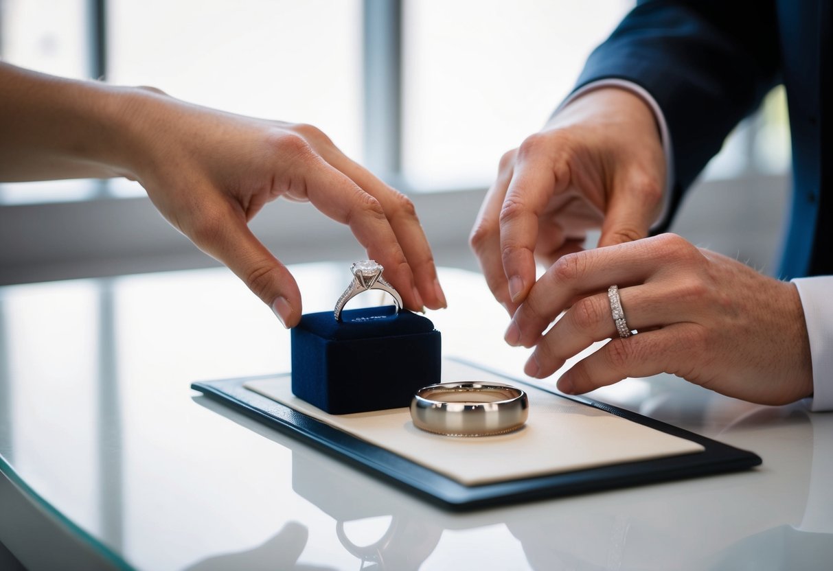A hand reaches for a ring box on a table, while another hand holds a wedding band, ready to place it inside