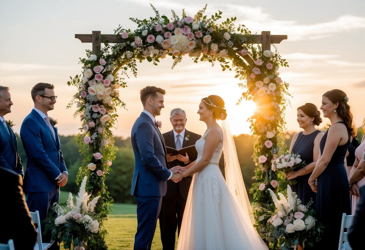 A couple stands under a floral arch at a wedding ceremony, surrounded by friends and family. The sun sets behind them as they exchange vows