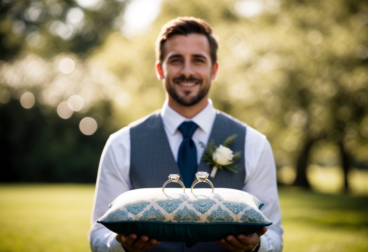 The ring bearer presents the rings on a decorative pillow