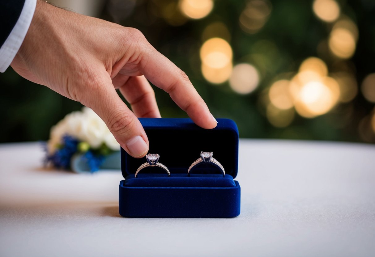 A hand reaches for two wedding rings nestled in a velvet box on a table, ready to be exchanged