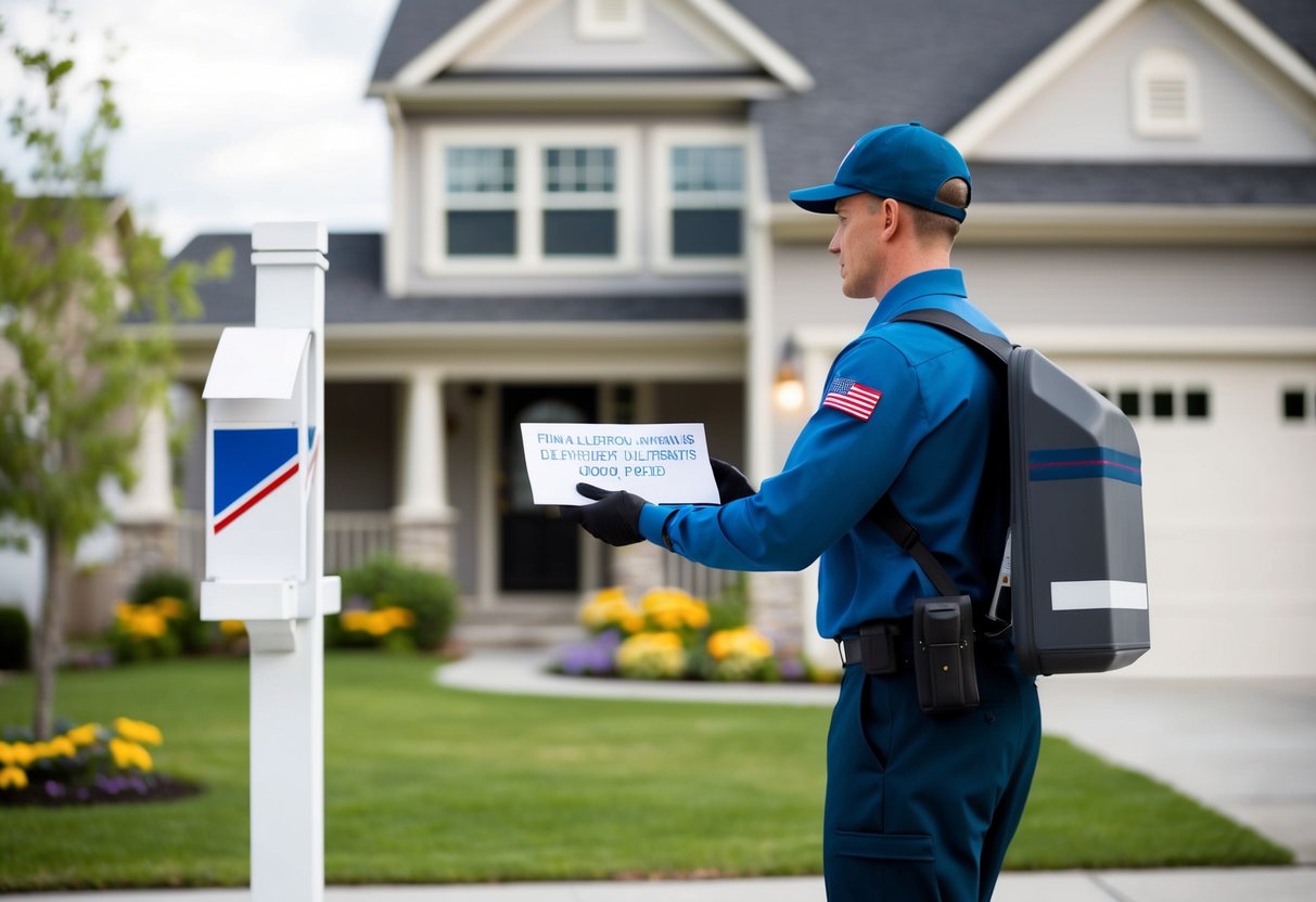 A mail carrier delivering a wedding announcement to a suburban home