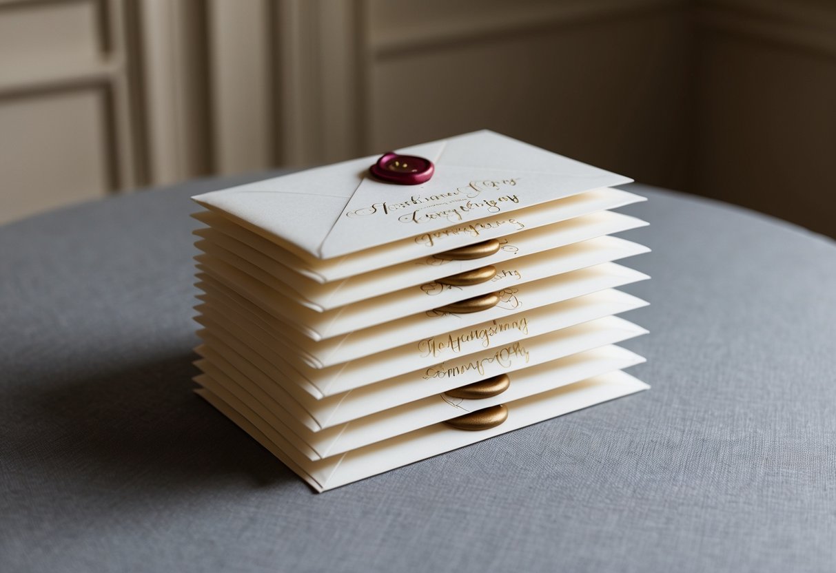 A stack of elegant envelopes arranged on a table, each addressed with calligraphy and sealed with a wax stamp