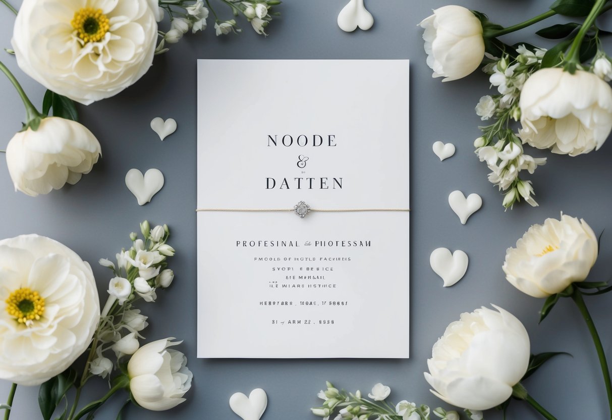 A couple's names and wedding date displayed on a sleek, minimalist invitation card, surrounded by elegant floral arrangements and modern calligraphy
