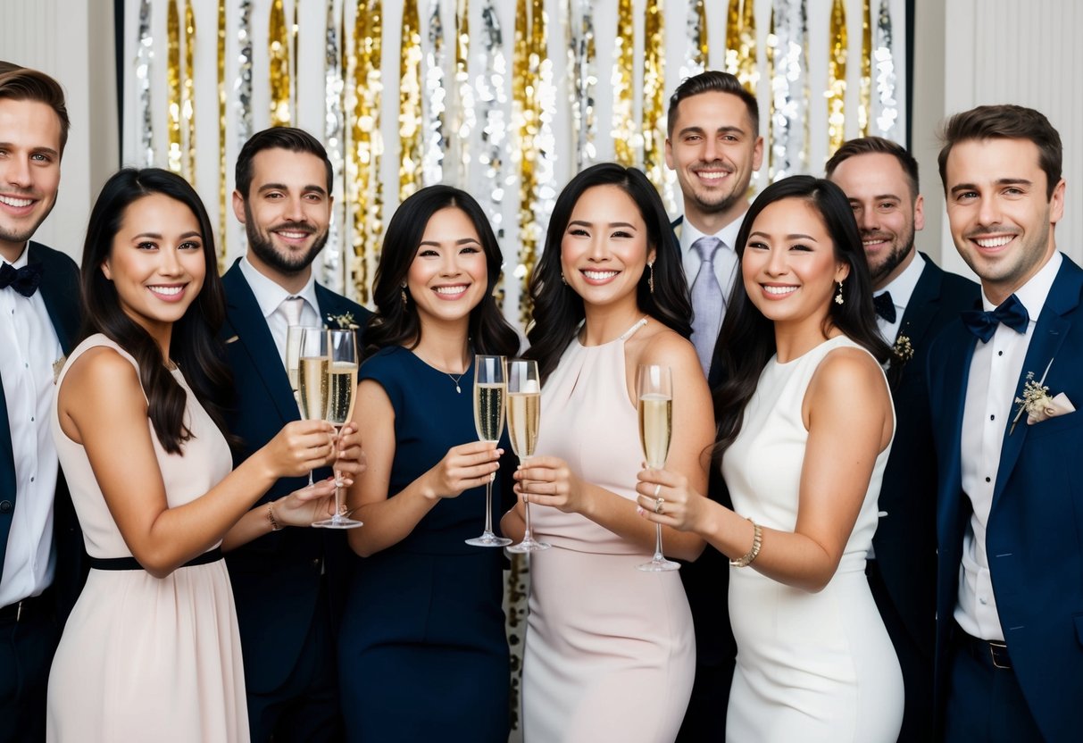 A group of smiling figures holding champagne glasses and confetti, standing in front of a decorative backdrop