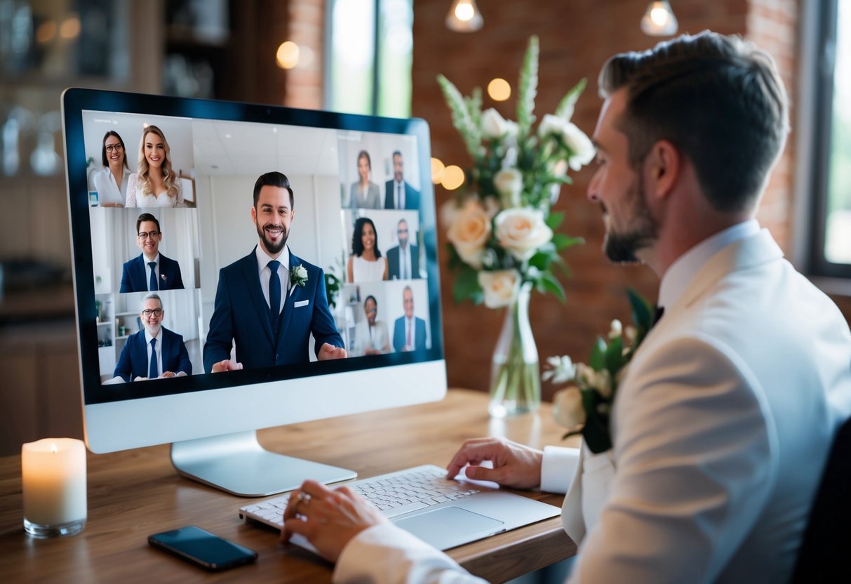 A bride and groom exchange vows via video call, surrounded by virtual guests on a computer screen