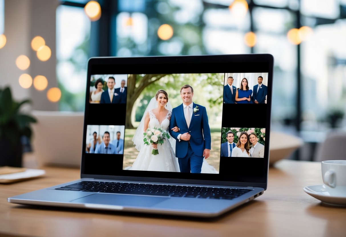 A laptop displaying a Zoom call with a bride and groom on the screen, surrounded by virtual guests