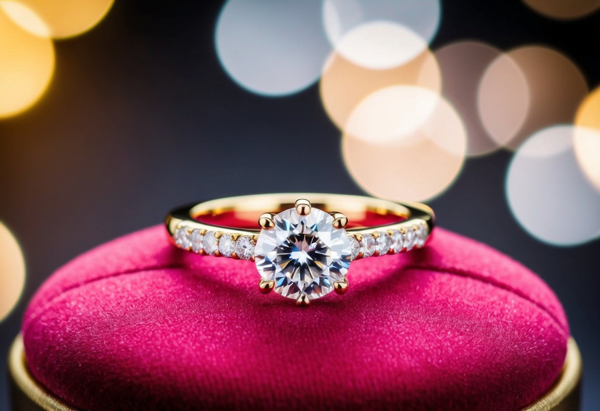 A sparkling diamond ring on a golden band, placed on a velvet cushion