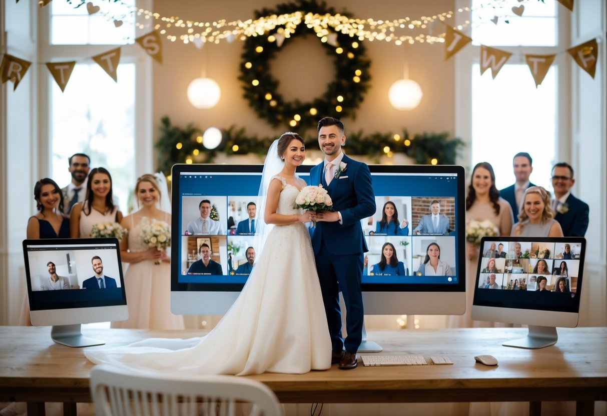 A bride and groom stand in front of a computer, surrounded by virtual guests on a Zoom call. A festive atmosphere with virtual decorations and celebratory messages