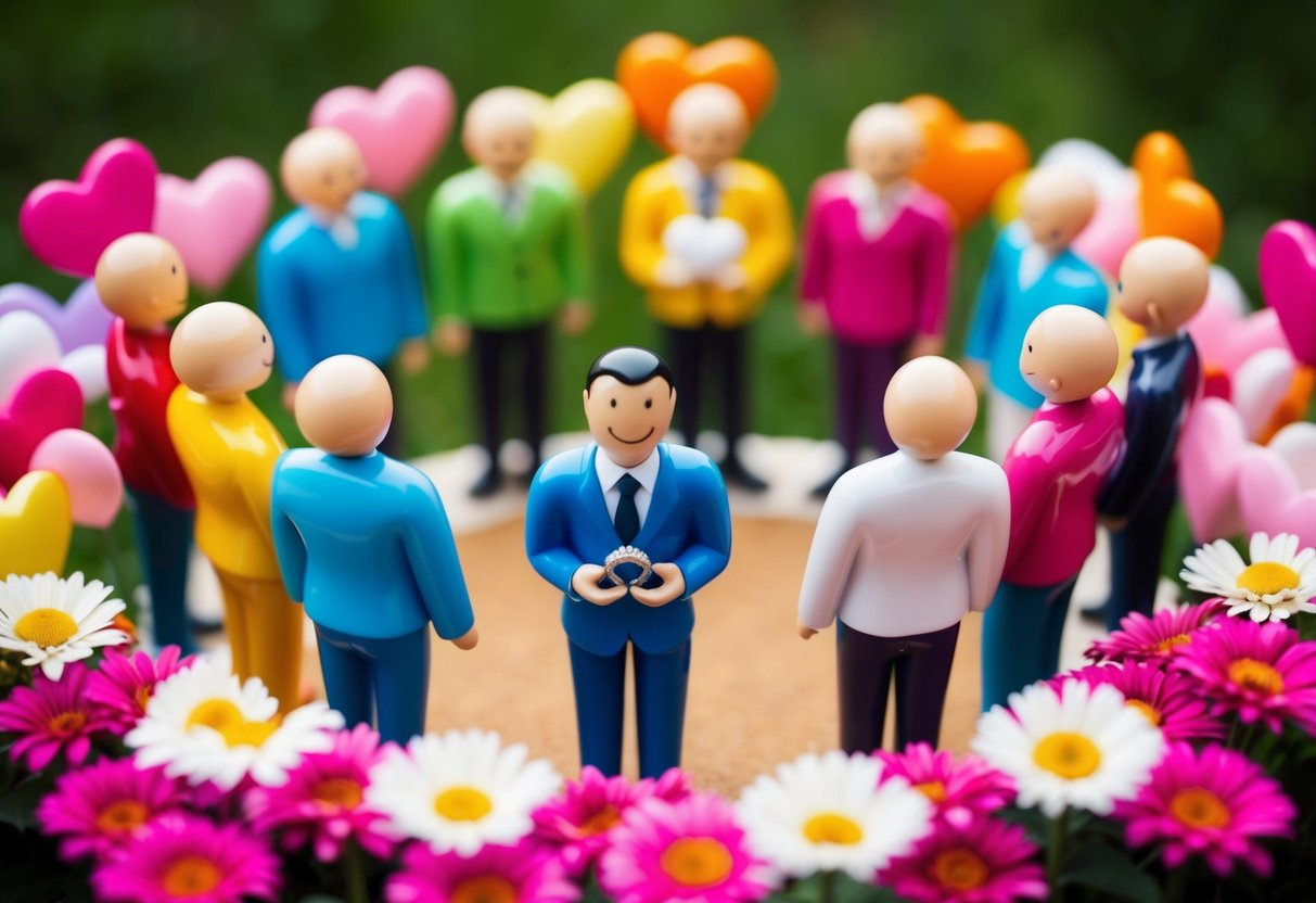 A group of smiling figures standing in a circle, one figure holding a ring, surrounded by hearts and flowers