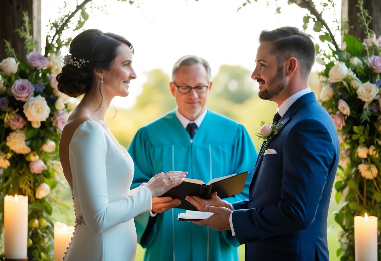 A couple stands facing each other, surrounded by flowers and candles. The officiant stands in the center, holding a book and preparing to recite the wedding vows