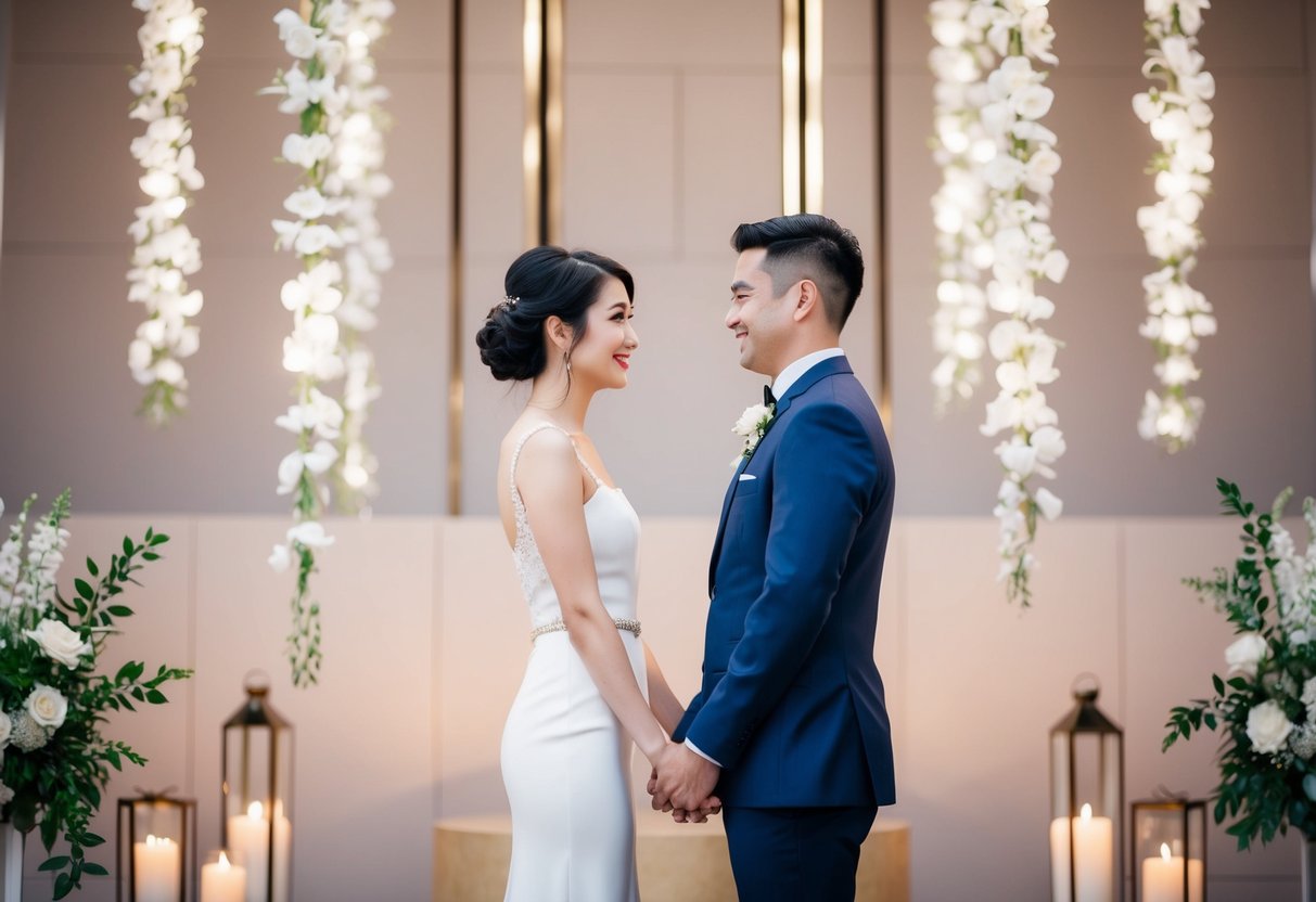 A couple stands facing each other, surrounded by modern ceremonial decor