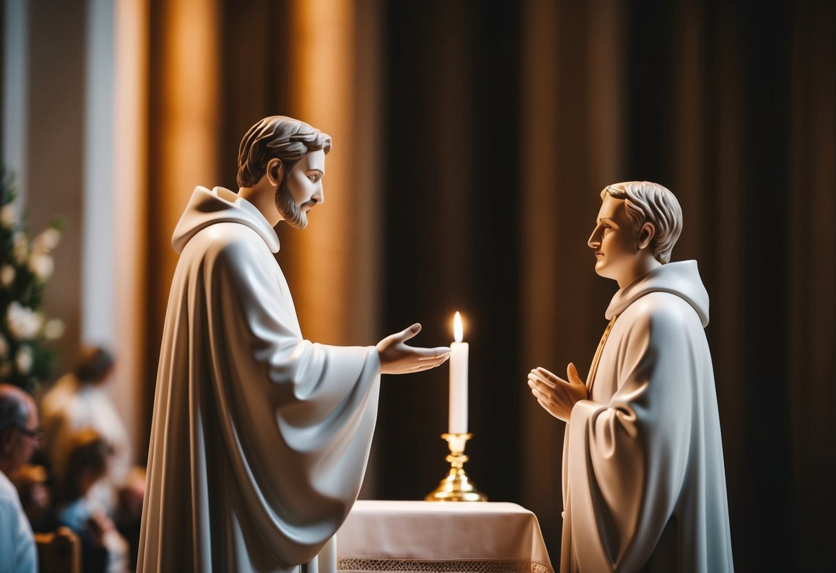 A figure stands at the altar, facing another figure. The first figure begins to speak, while the second listens attentively