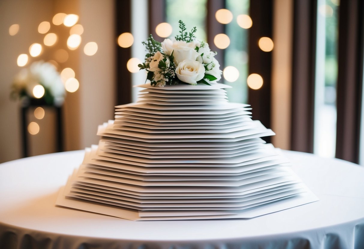 A stack of elegant wedding invitations arranged in ascending order on a table