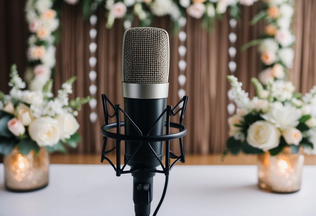 A microphone on a stand in front of a decorative backdrop with flowers and wedding decor