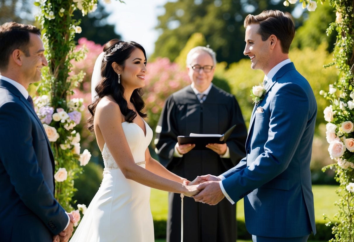 A woman in a wedding dress stands in a sunlit garden, surrounded by blooming flowers and greenery, as she holds hands with her partner in front of an officiant