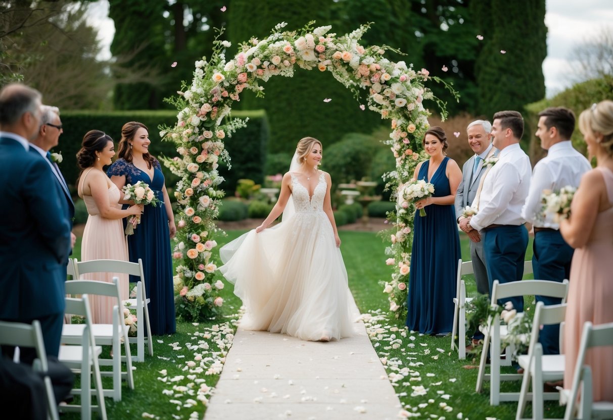 A serene garden setting with a blooming arch and scattered petals, a bride in a flowing wedding dress surrounded by loved ones