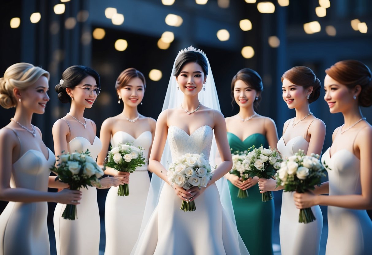 A group of digital avatars in elegant dresses stand together in a virtual space, smiling and chatting as they support the virtual bride