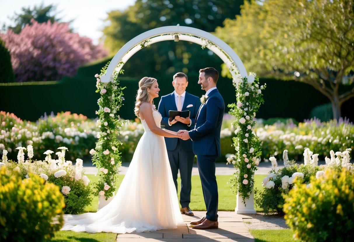A couple stands in a sun-drenched garden, surrounded by blooming flowers and twinkling lights. The woman wears a flowing white gown, her partner in a sharp suit. They hold hands and exchange vows under a picturesque archway