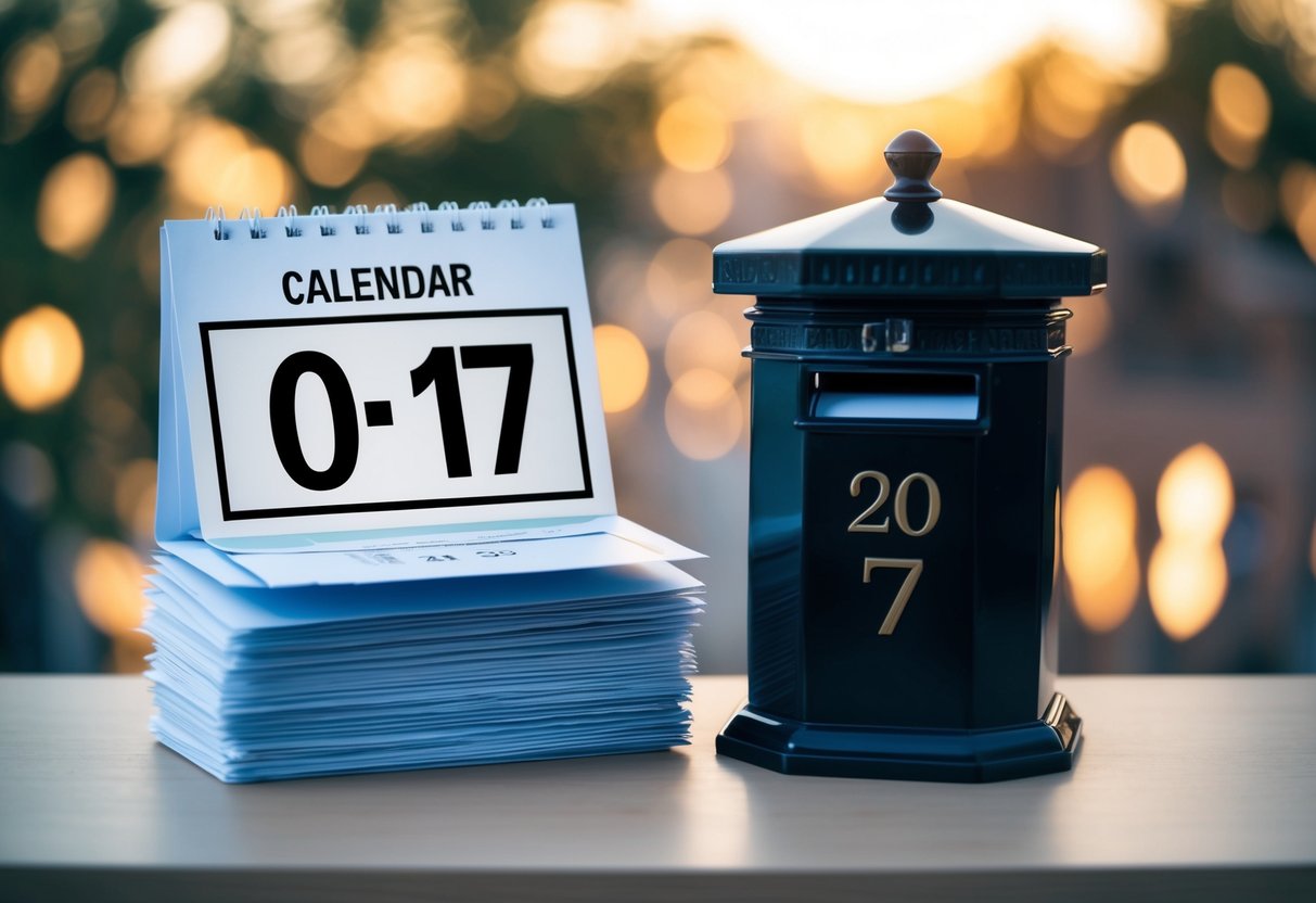 A calendar with a highlighted date, a stack of envelopes, and a postbox