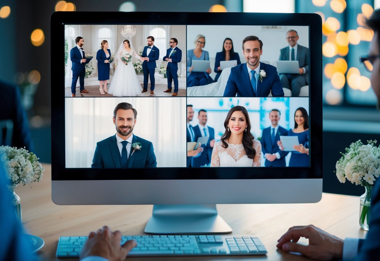 A virtual wedding: a computer screen with a bride and groom in separate locations, surrounded by virtual guests on a video call