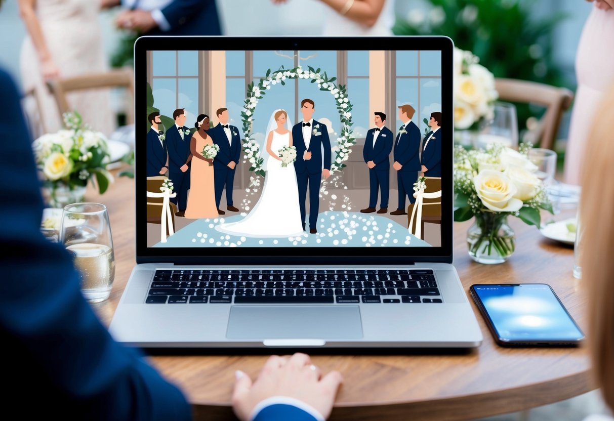 A laptop displaying a virtual wedding ceremony with a bride and groom on screen, surrounded by digital guests in a virtual venue