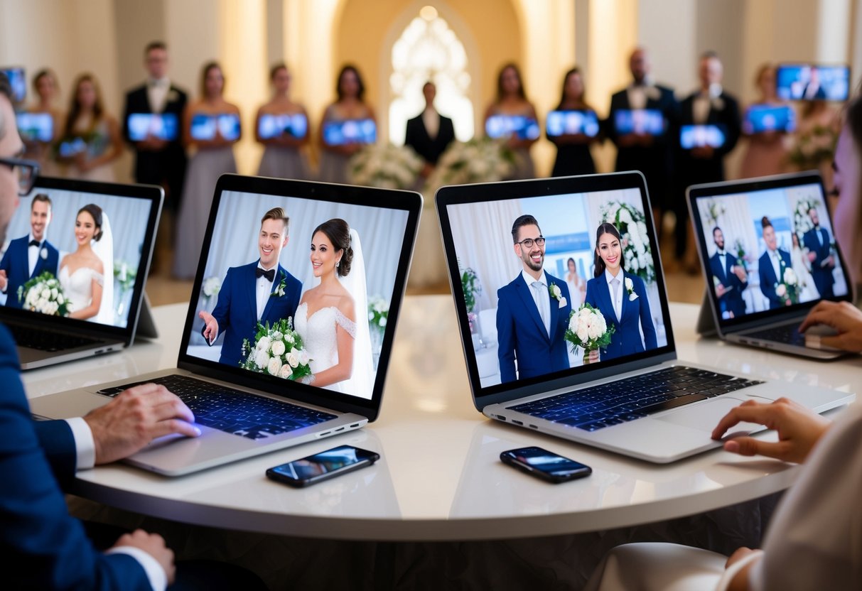 A virtual wedding ceremony with a bride and groom on separate screens, surrounded by virtual guests watching from their respective devices