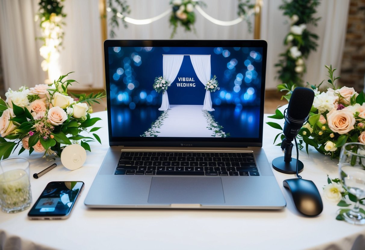 A laptop, webcam, and microphone are arranged on a table with flowers and wedding decor. A virtual wedding backdrop is displayed on the computer screen