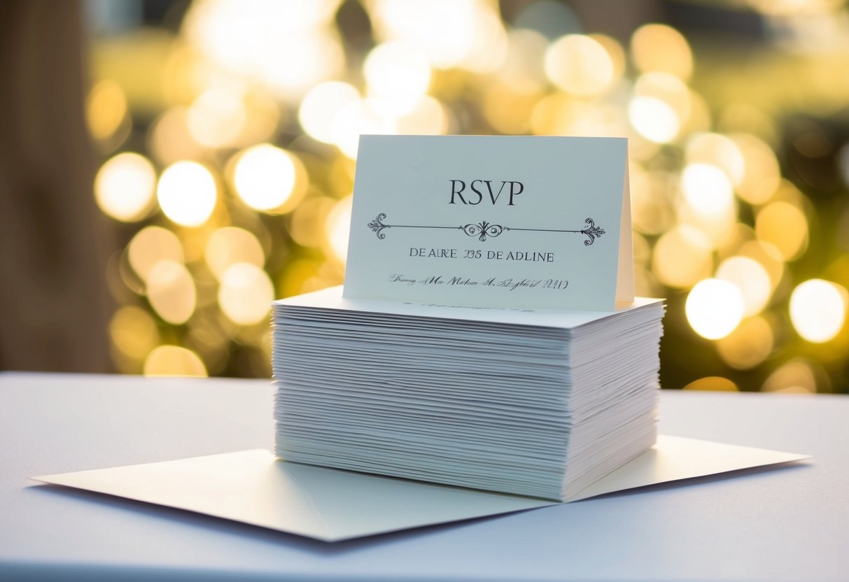 A stack of elegant wedding invitations with a clear RSVP deadline prominently displayed