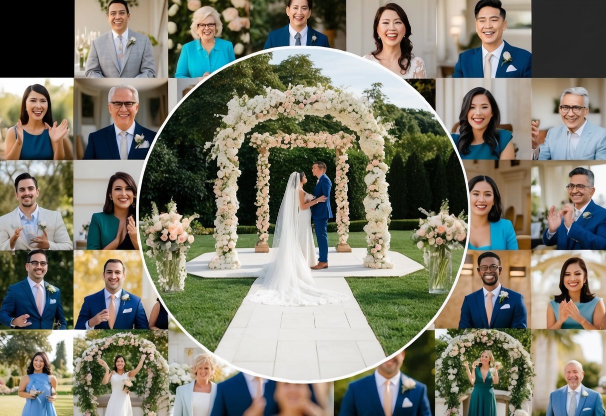 A virtual wedding: a picturesque outdoor setting with a beautifully decorated altar, surrounded by joyful guests attending via video call